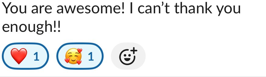 Text message saying 'You are awesome! I can’t thank you enough!!' with two reaction icons: a red heart and a smiling face with hearts, both showing one reaction each, and a third icon that appears to be a smiley face with a plus sign.