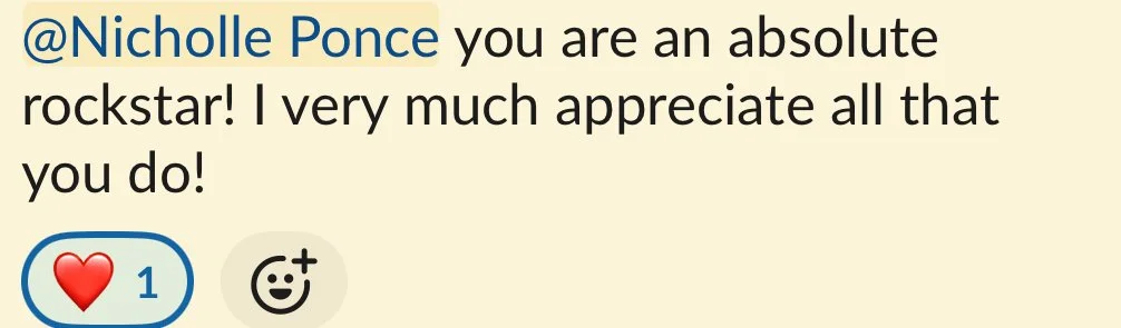 Screenshot of a social media comment praising someone named Nicholle Ponce, with a red heart emoji showing 1 like and a smiling face emoji with a plus sign.