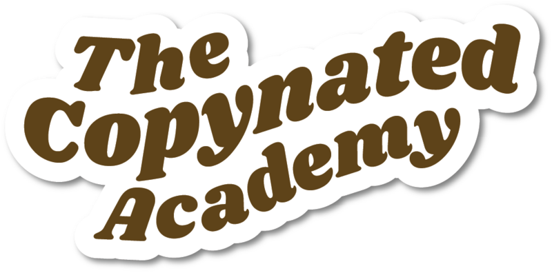 Sticker with text 'The Copyrighted Academy' in bold, brown font with a white outline on a dark background.