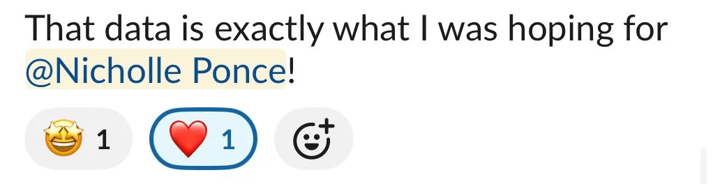 A social media comment expressing happiness that the data is as expected for a person named Nicholle Ponce, accompanied by emojis for laughing, love, and a smiling face.