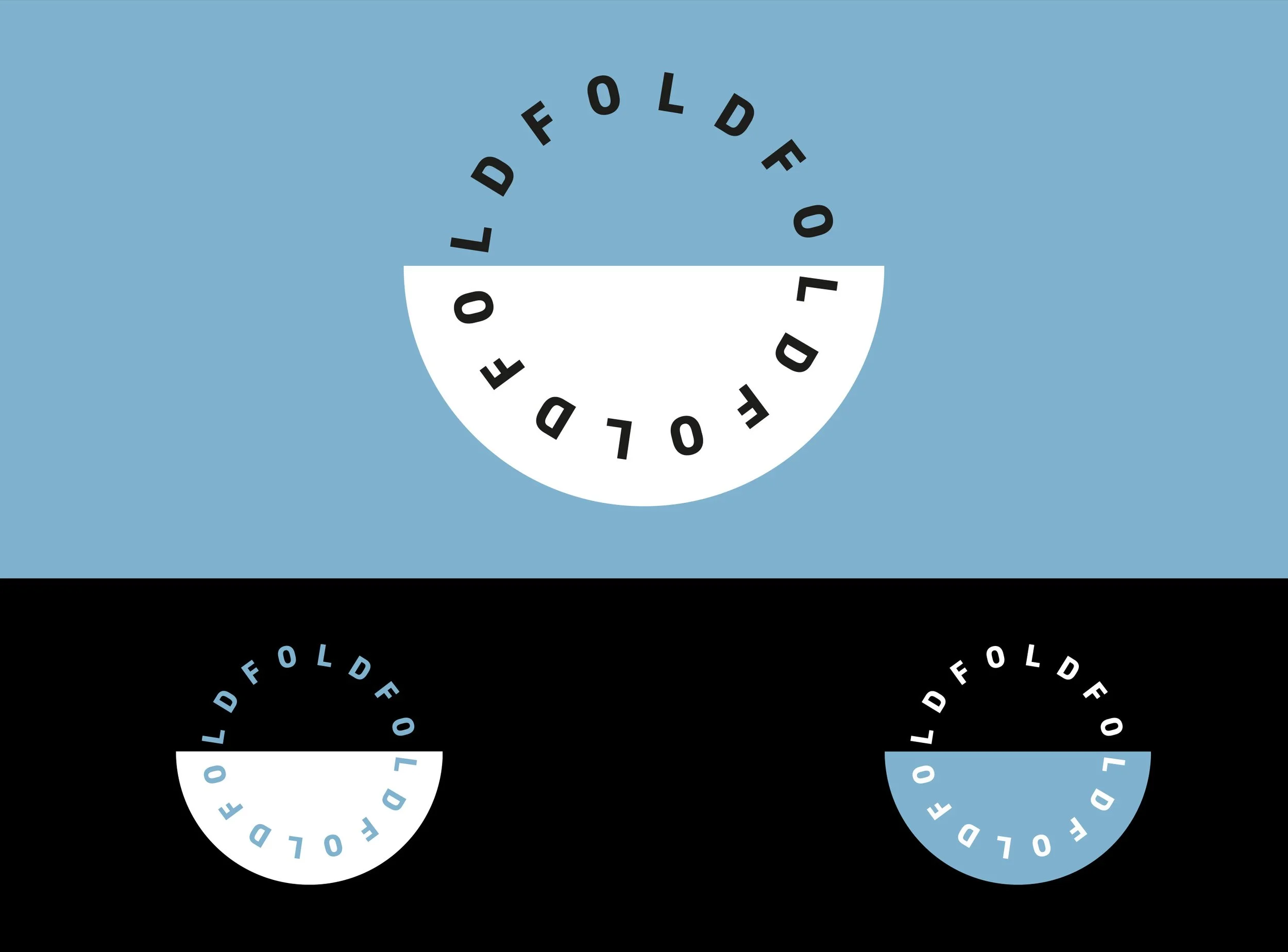 Ein grafisches Design mit einem weißen halbkreisförmigen Element und roten, blauen und schwarzen Hintergründen. Darauf sind die Worte ‚FOLD‘ und ‚D‘ in kreisförmiger Anordnung in verschiedenen Farben zu sehen.
