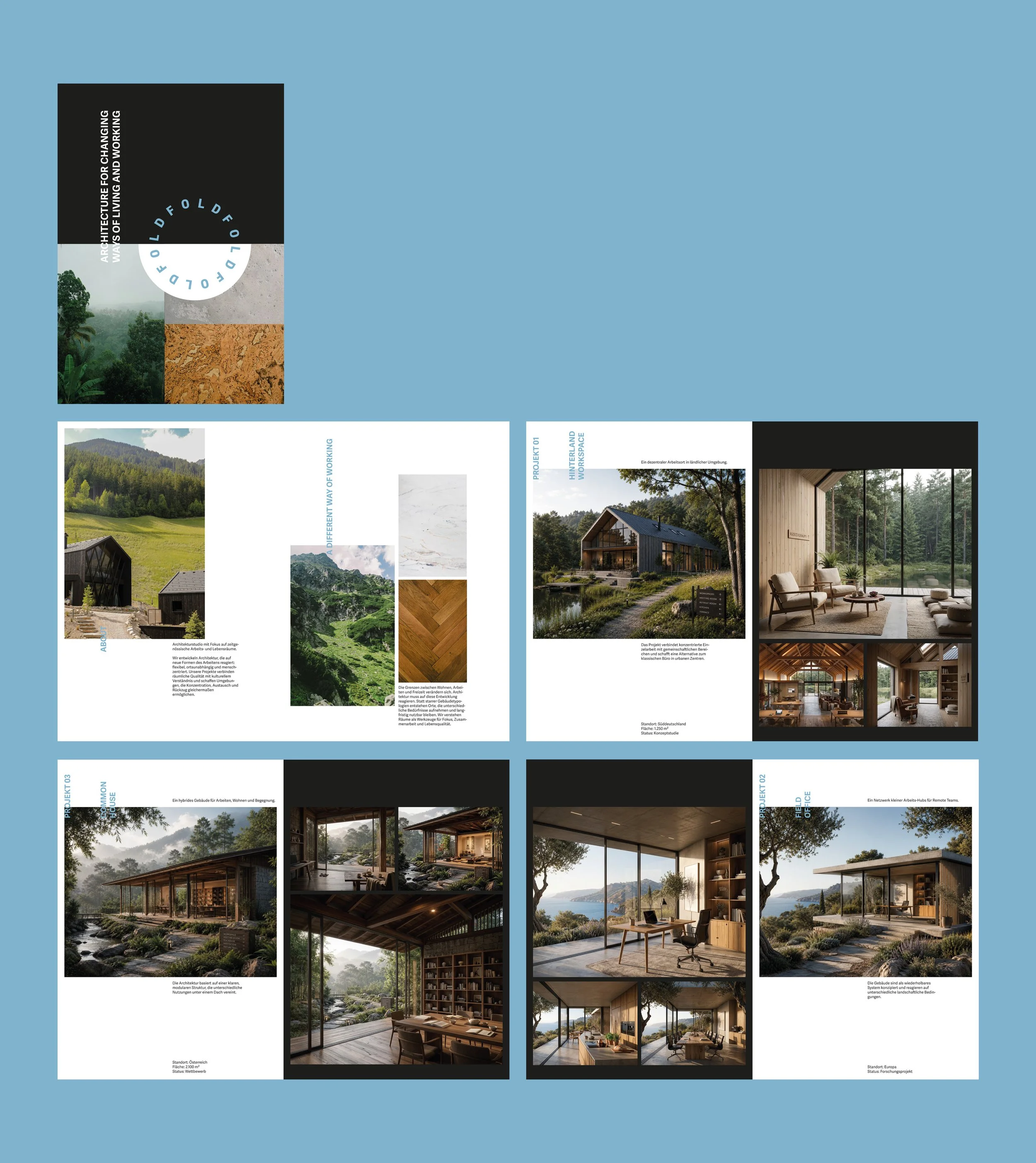 A digital brochure with images of modern wooden houses and interiors in natural settings, highlighting sustainable architecture and landscape integration.