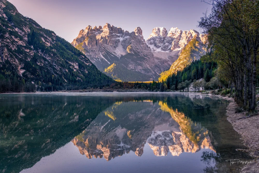 Mountain lake in the Dolomites during autumn