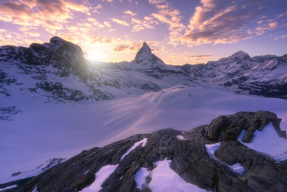 Snow-covered mountains in the Swiss Alps during winter