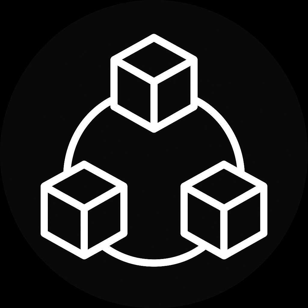 Symbol für Blockchain mit drei verbundenen Würfeln in einer Kreislaufanordnung auf schwarzem Hintergrund.