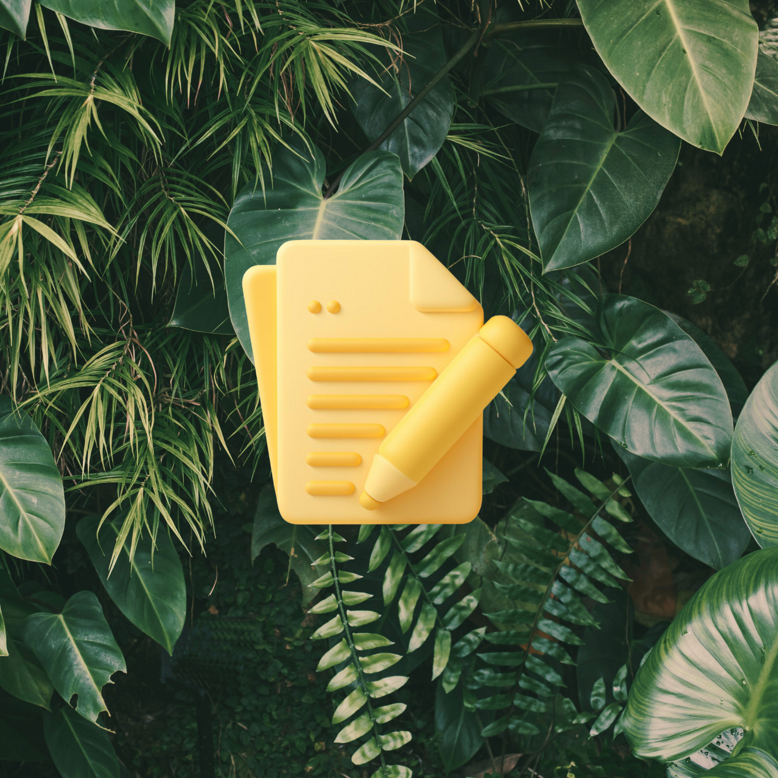 Yellow folder and pen icon on lush green tropical leaves background.