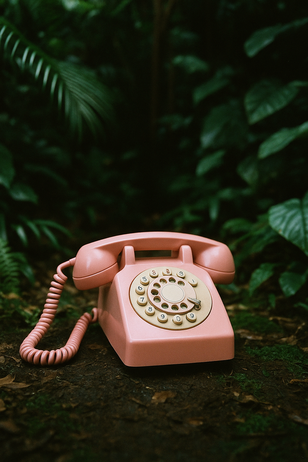 Pink rotary dial telephone resting on a forest floor with green foliage in the background.