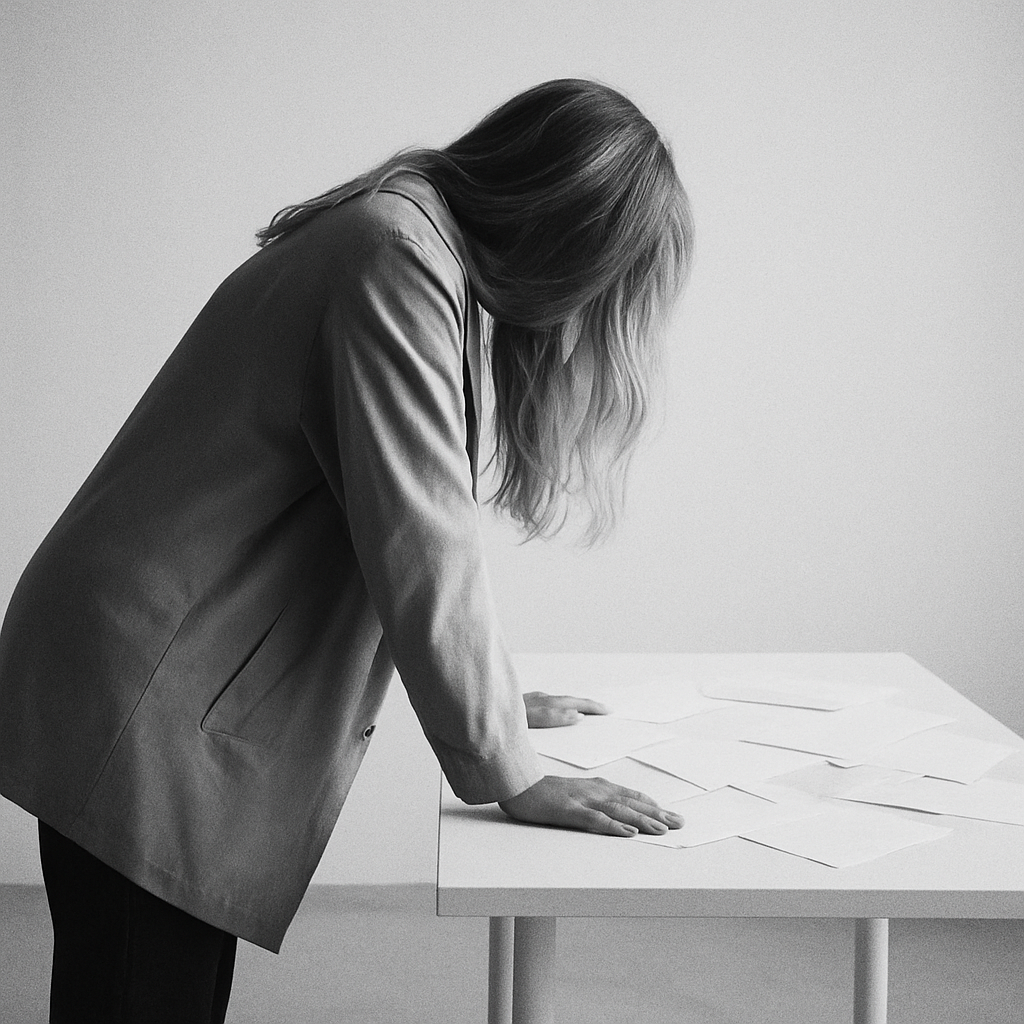 A woman with long hair, wearing a coat, is leaning over a table covered with papers, with her hands resting on the table.