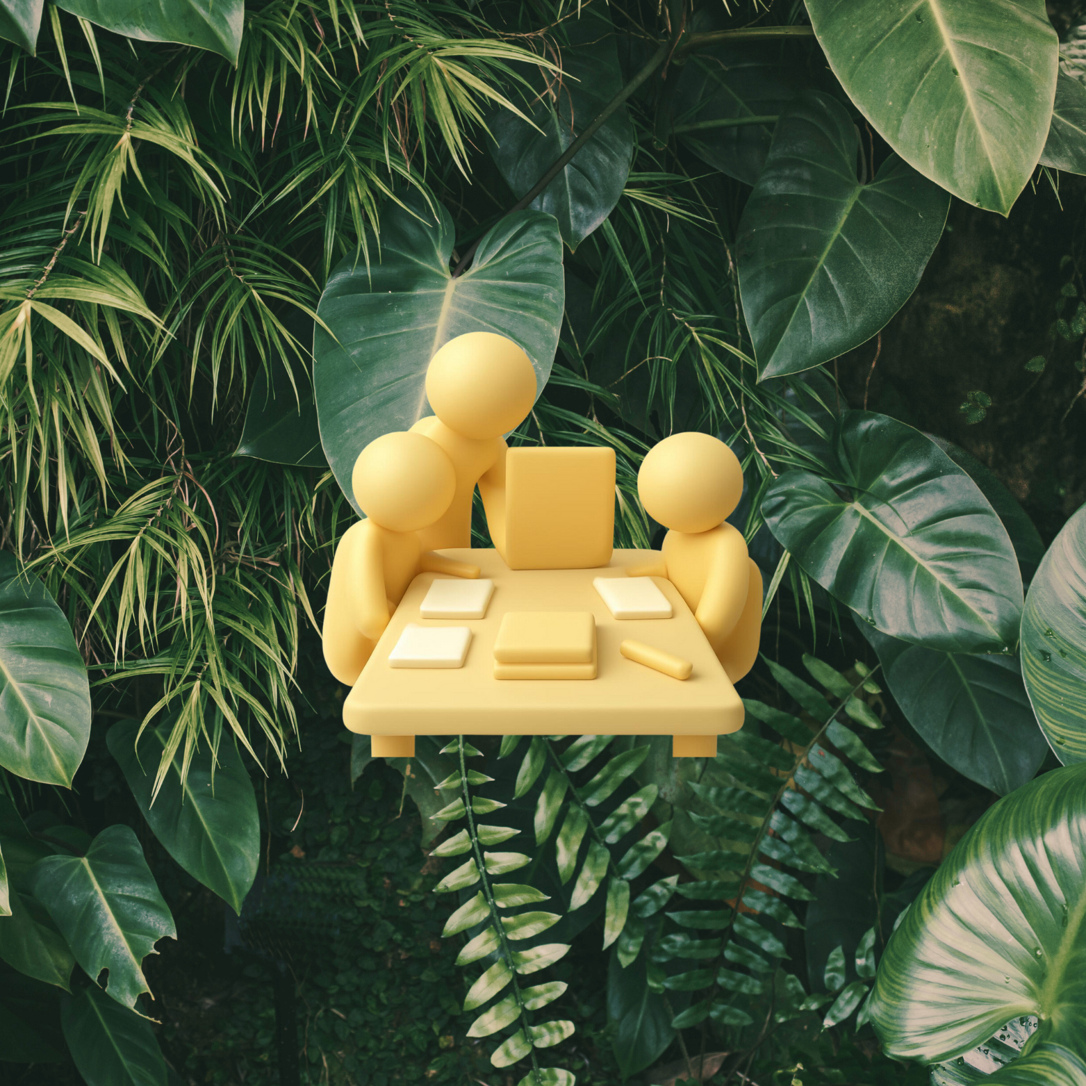 Yellow digital illustration of three people sitting around a table with a laptop and documents, against a backdrop of lush green tropical leaves.