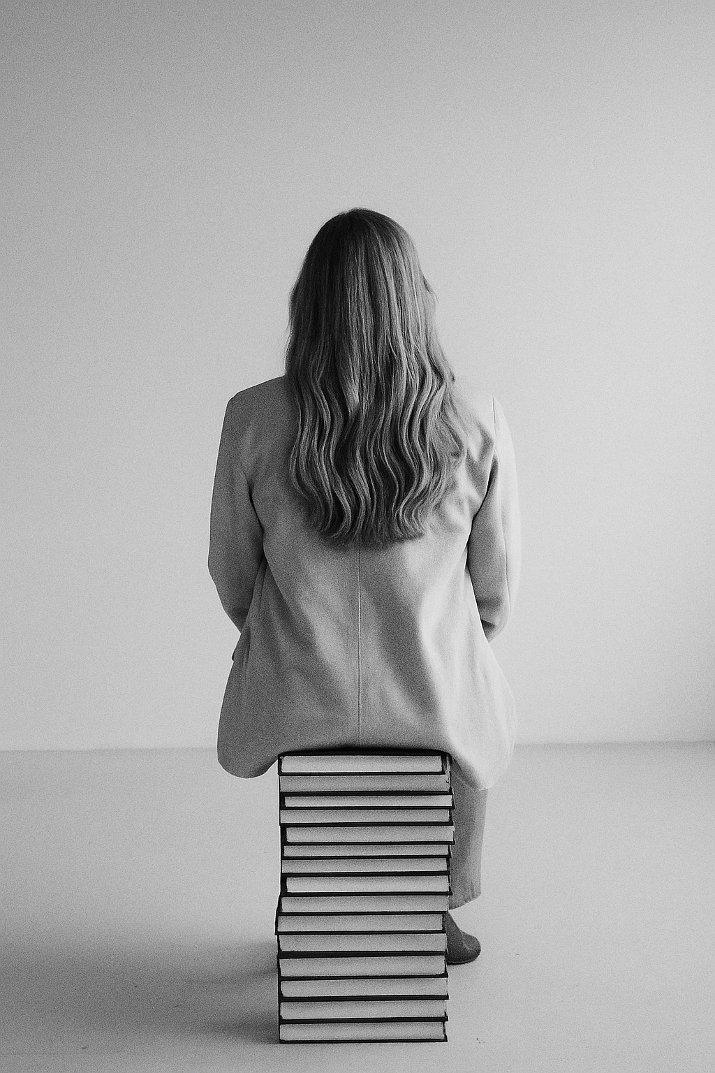 Back view of a woman with long wavy hair standing behind a tall stack of books, in black and white.