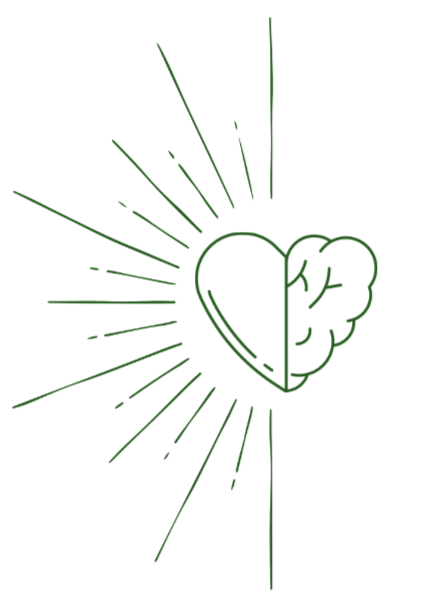 A line drawing of a heart with a brain inside it, surrounded by radiating lines.