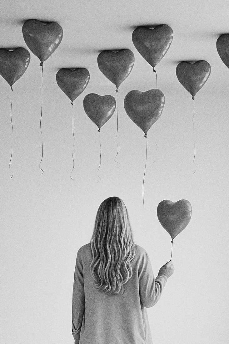 A woman with long, wavy hair holding a heart-shaped balloon surrounded by several other heart-shaped balloons floating above her in black and white.