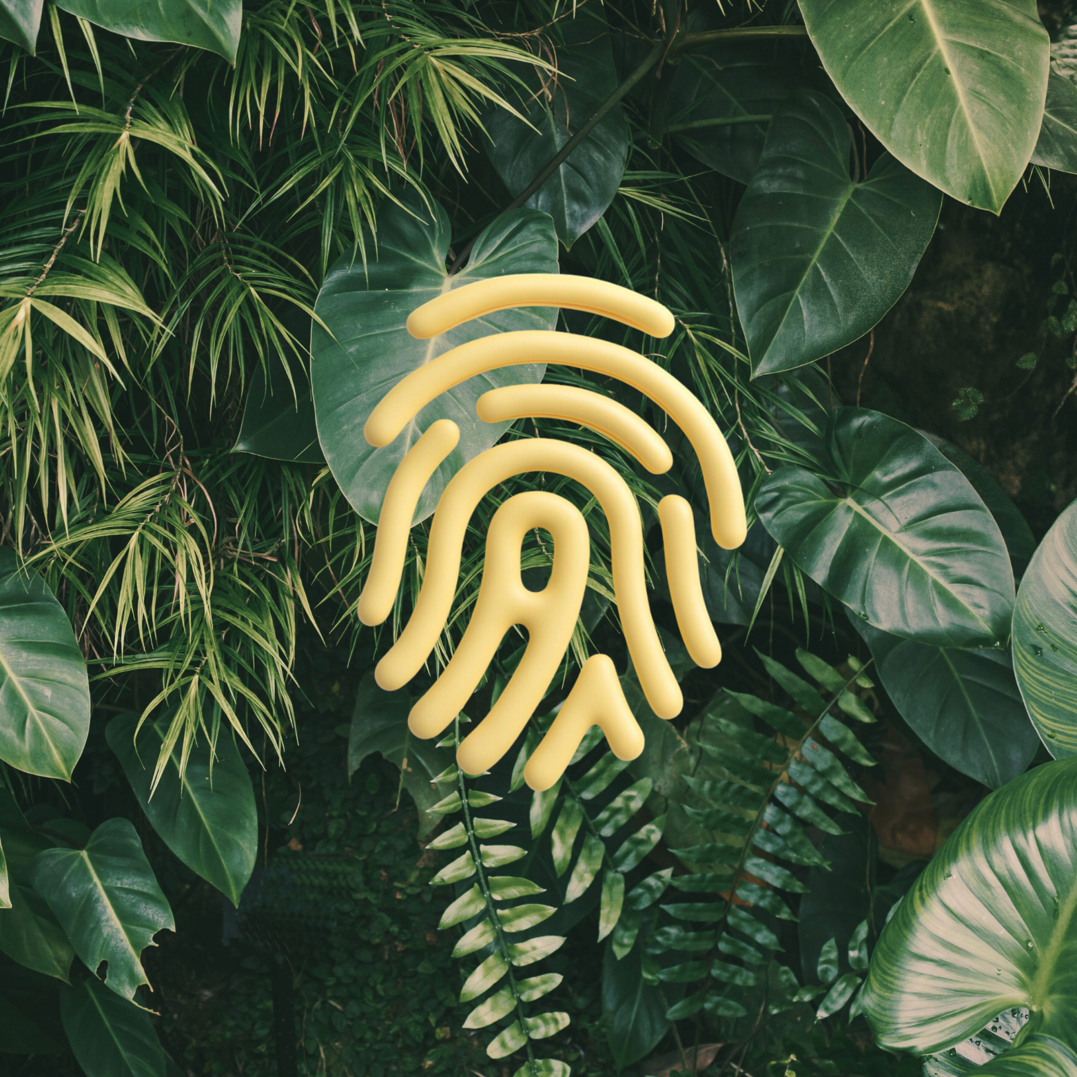 A yellow, neon-like Wi-Fi symbol mounted on lush green leafy plants.