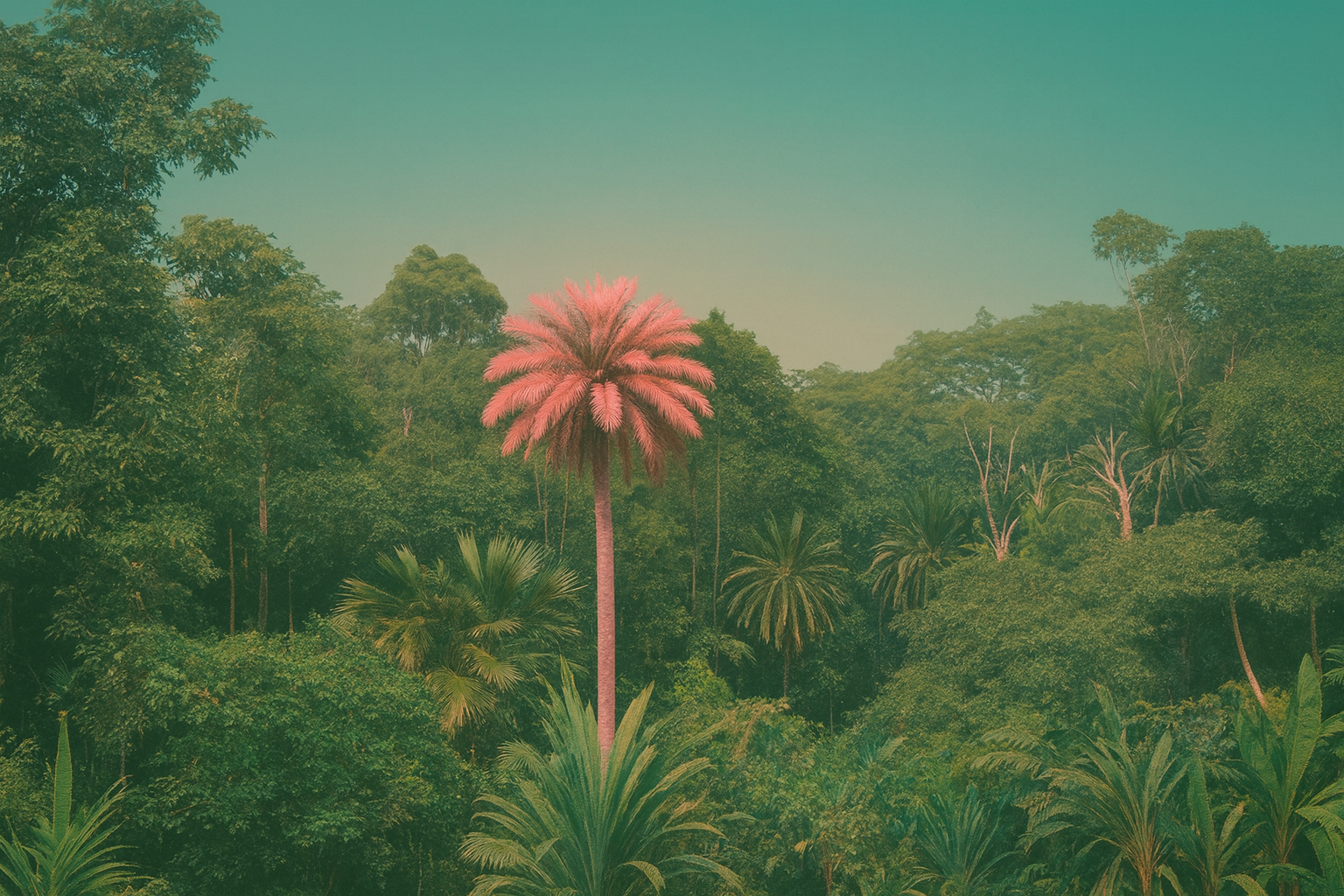 Tropical rainforest scene with green trees and bushes, a tall palm tree with pink fronds in the center, and a clear blue sky.