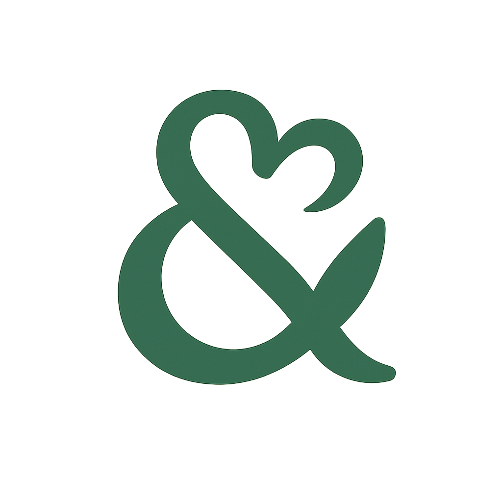 Green ampersand symbol with a small heart-shaped cutout at the top.