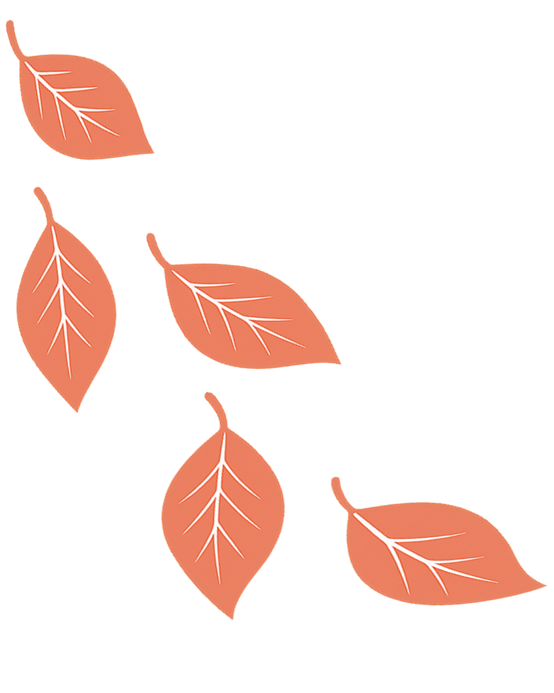 Stylized illustration of four orange leaves with white veins on a transparent background.
