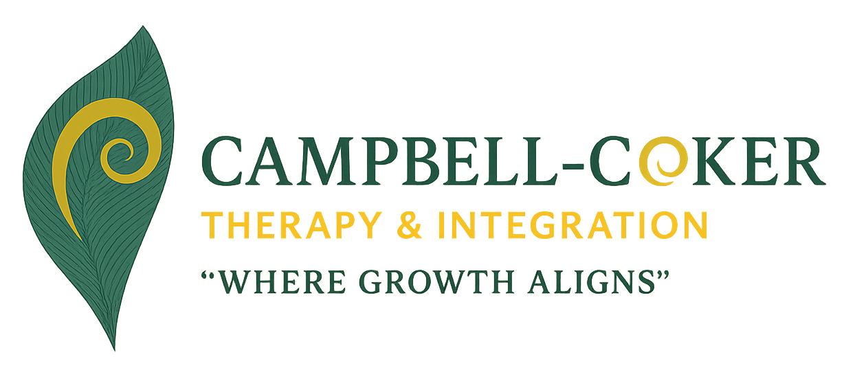 Logo for Campbell-Coker Therapy & Integration, featuring a stylized green leaf with a yellow spiral, with the text 'Campbell-Coker Therapy & Integration' and the tagline 'Where Growth Aligns'.