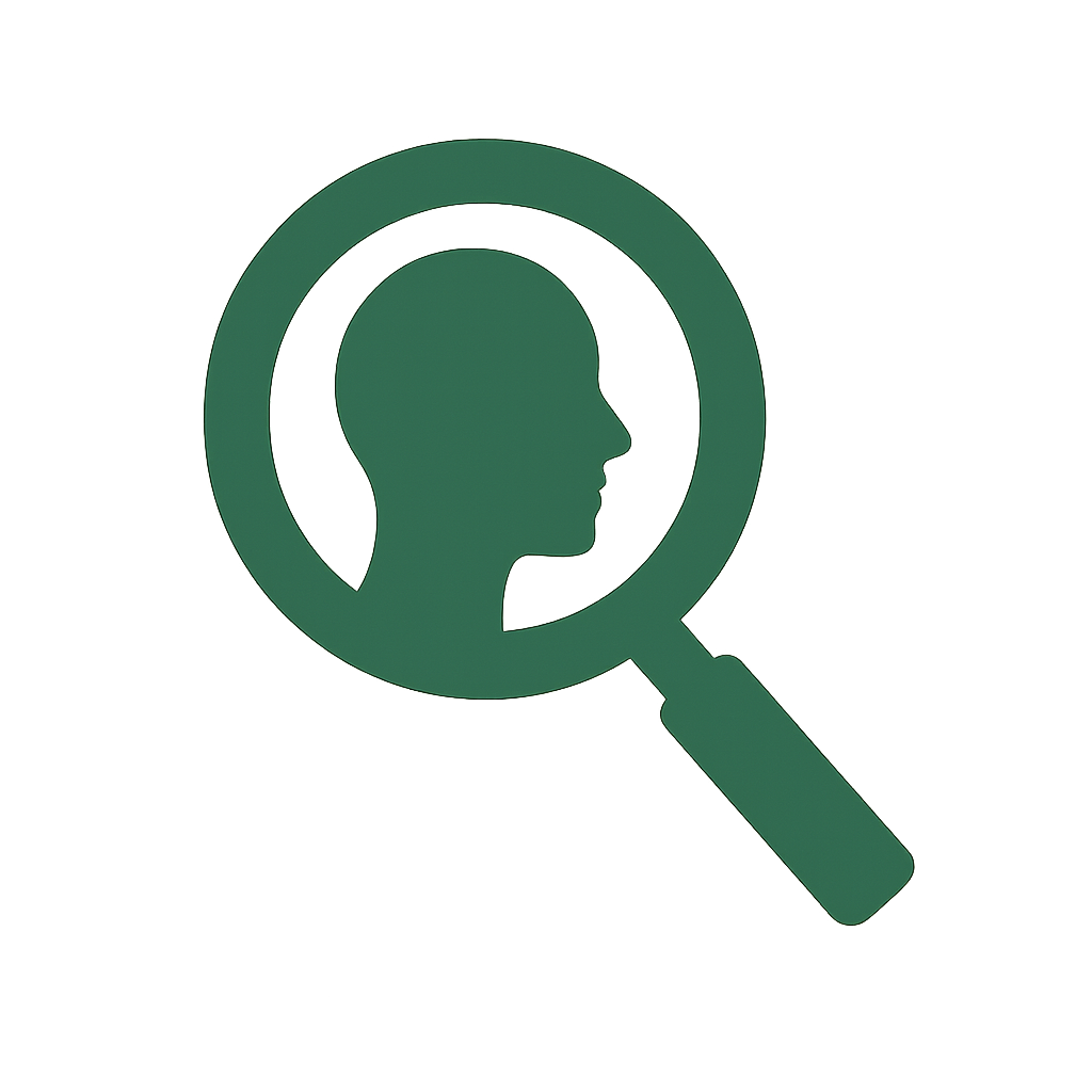 Silhouette of a person's profile inside a magnifying glass.