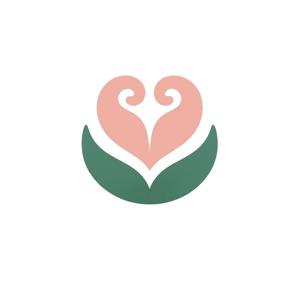 Stylized pink heart shaped like two swans facing each other, with green leaves at the base.