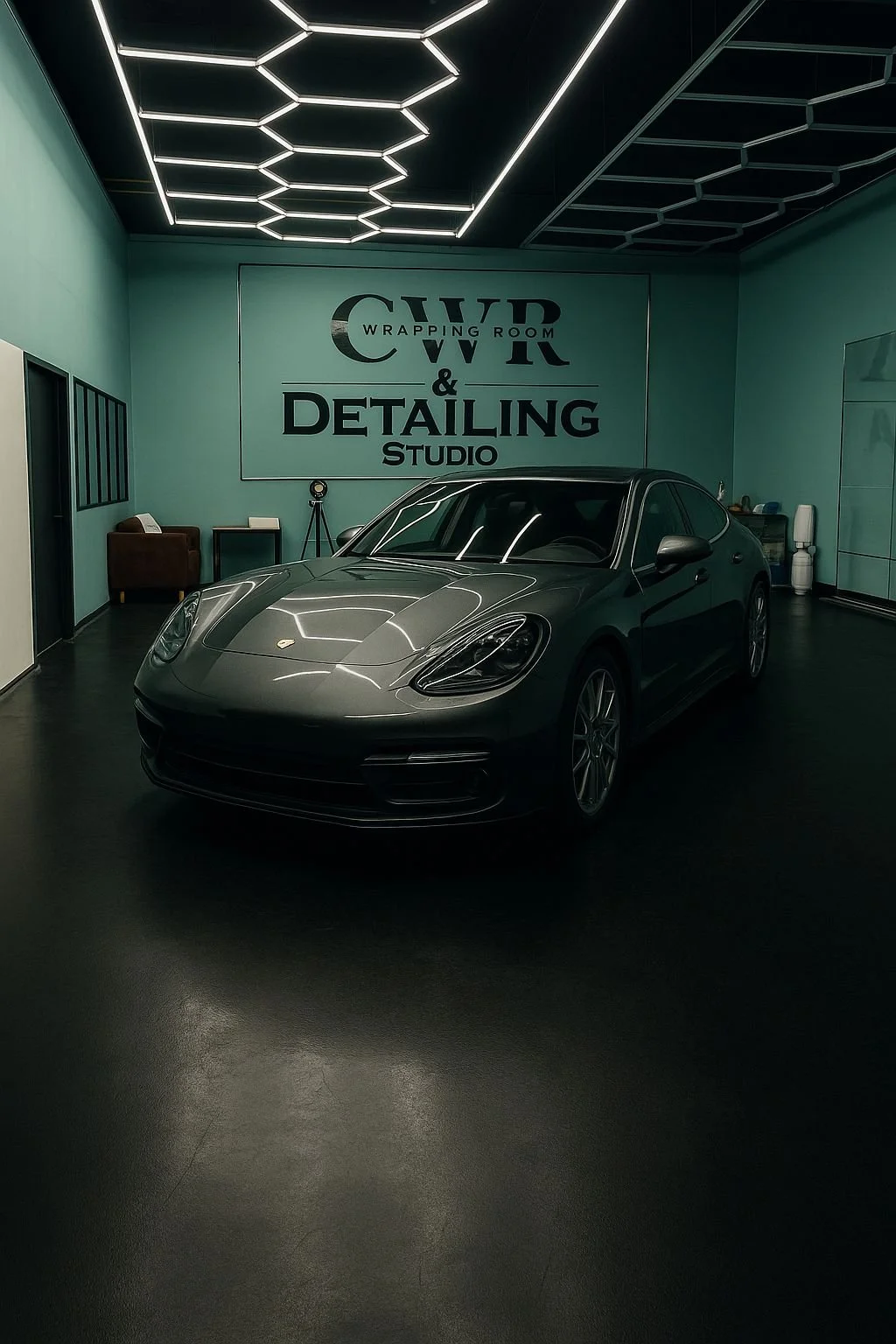 A silver luxury car parked inside a modern car detailing and wrapping studio with teal walls and a geometric LED ceiling light.