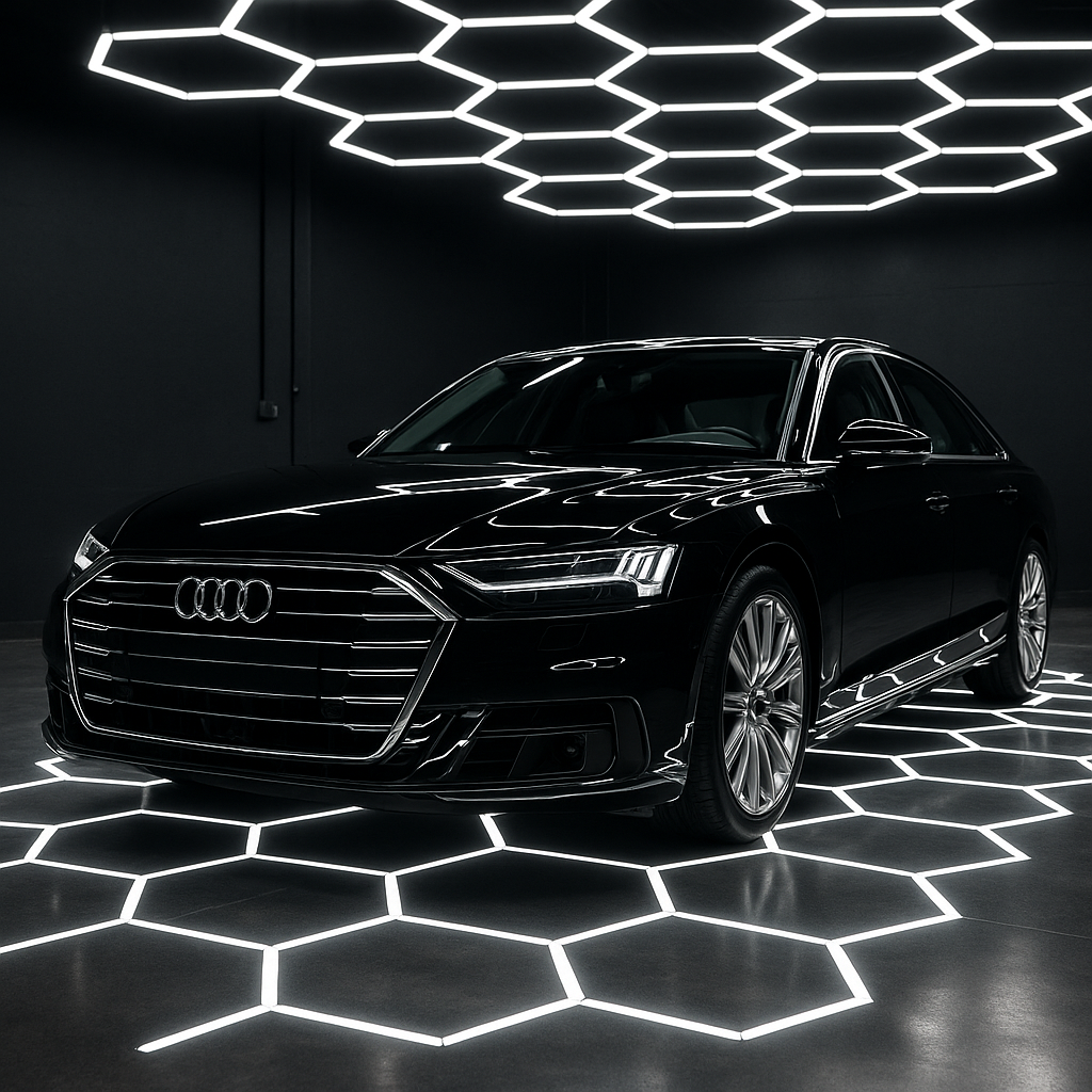 Komplette Fahrzeugaufbereitung eines Audi – Politur, Lackpflege und Keramikversiegelung mit Studio-Lichtkontrolle.