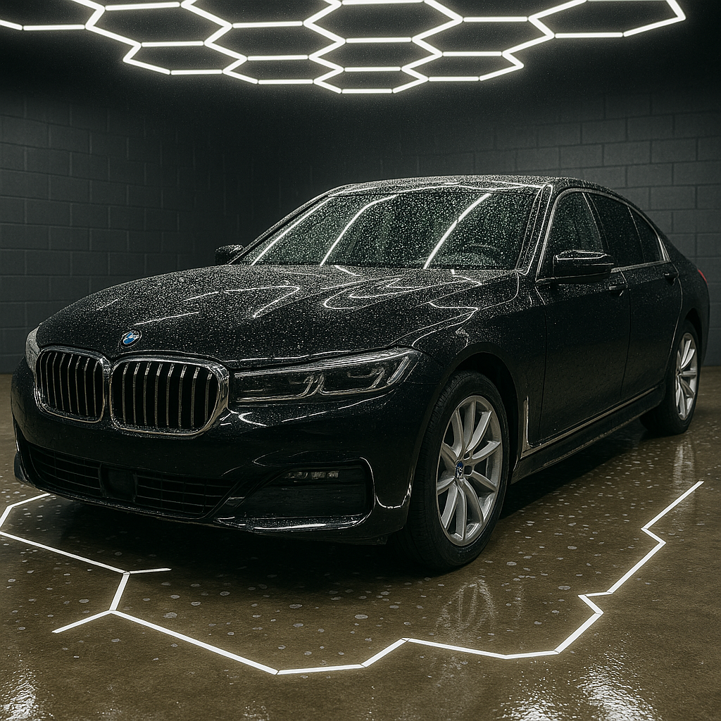 Komplette Aufbereitung eines schwarzen BMW – Lackpolitur, Außenreinigung und Keramikversiegelung im Detailing Studio | CWR unter LED-Lichtkontrolle.