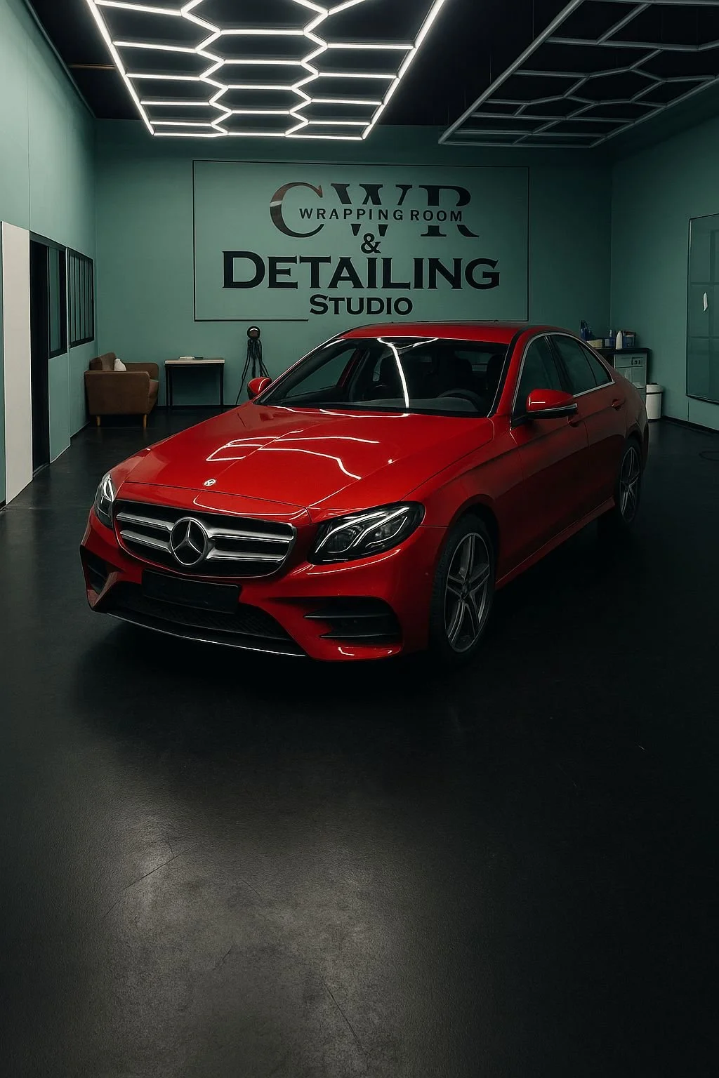 Red Mercedes-Benz parked inside an auto detailing and wrapping studio with a sign on the wall that reads 'WID Wrapping Room & Detailing Studio'.