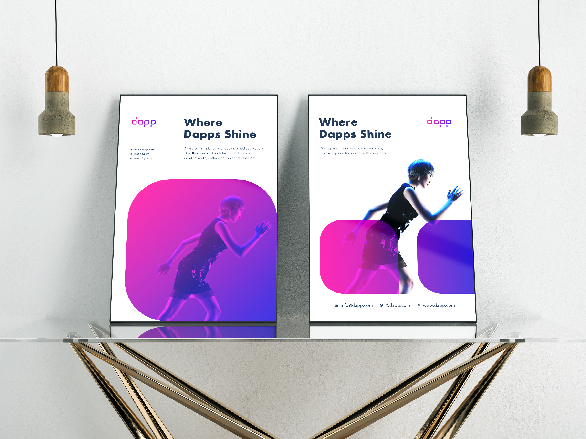 Two digital posters on display featuring a woman in motion with colorful abstract backgrounds, promoting a blockchain platform called Dapp.