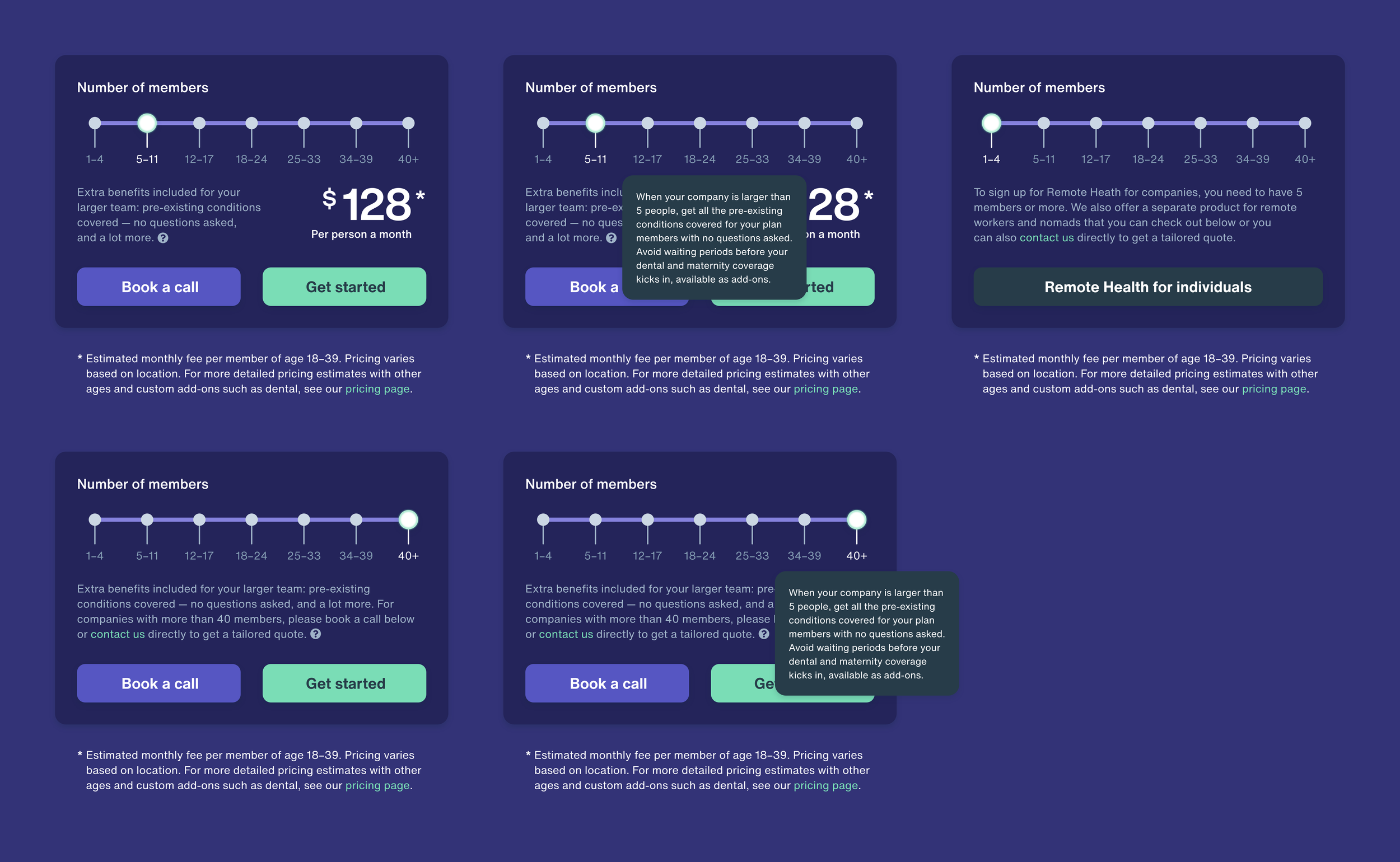 Comparison of subscription plans for remote health services, showing different prices based on the number of members, with buttons for booking a call or getting started, set on a blue background.