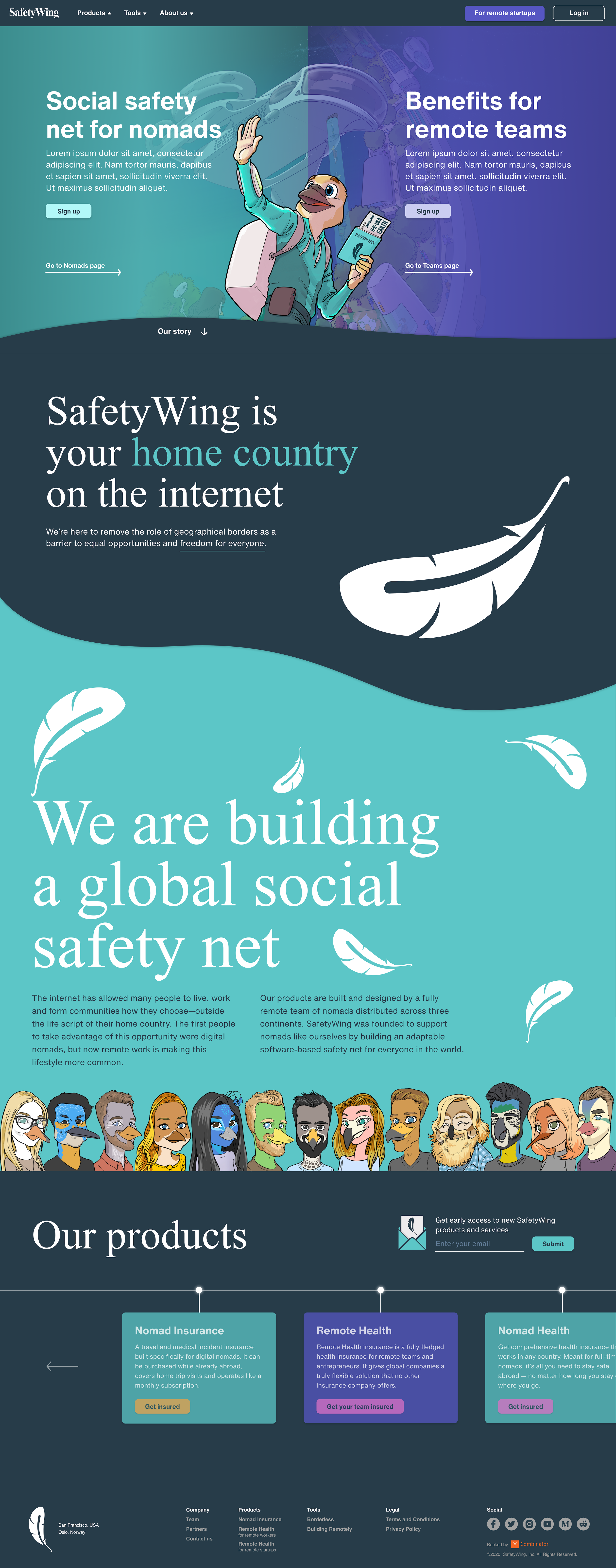 Website homepage for SafetyWing, a social safety net service for nomads and remote teams. The page features sections about social safety for nomads, benefits for remote teams, company mission to build a global social safety net, and product offerings