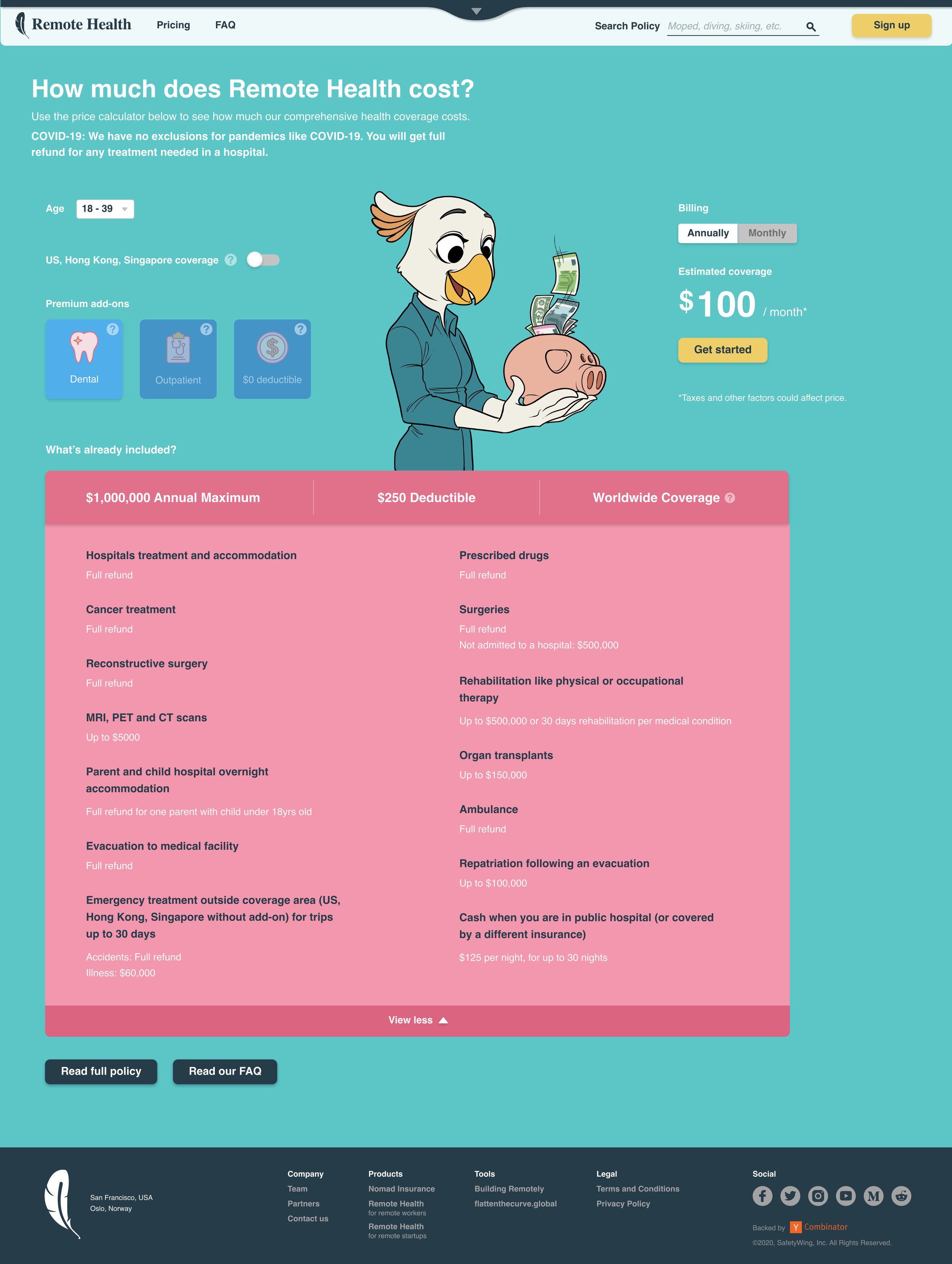 Screenshot of Remote Health pricing page showing costs, coverage details, and options for online health insurance coverage.