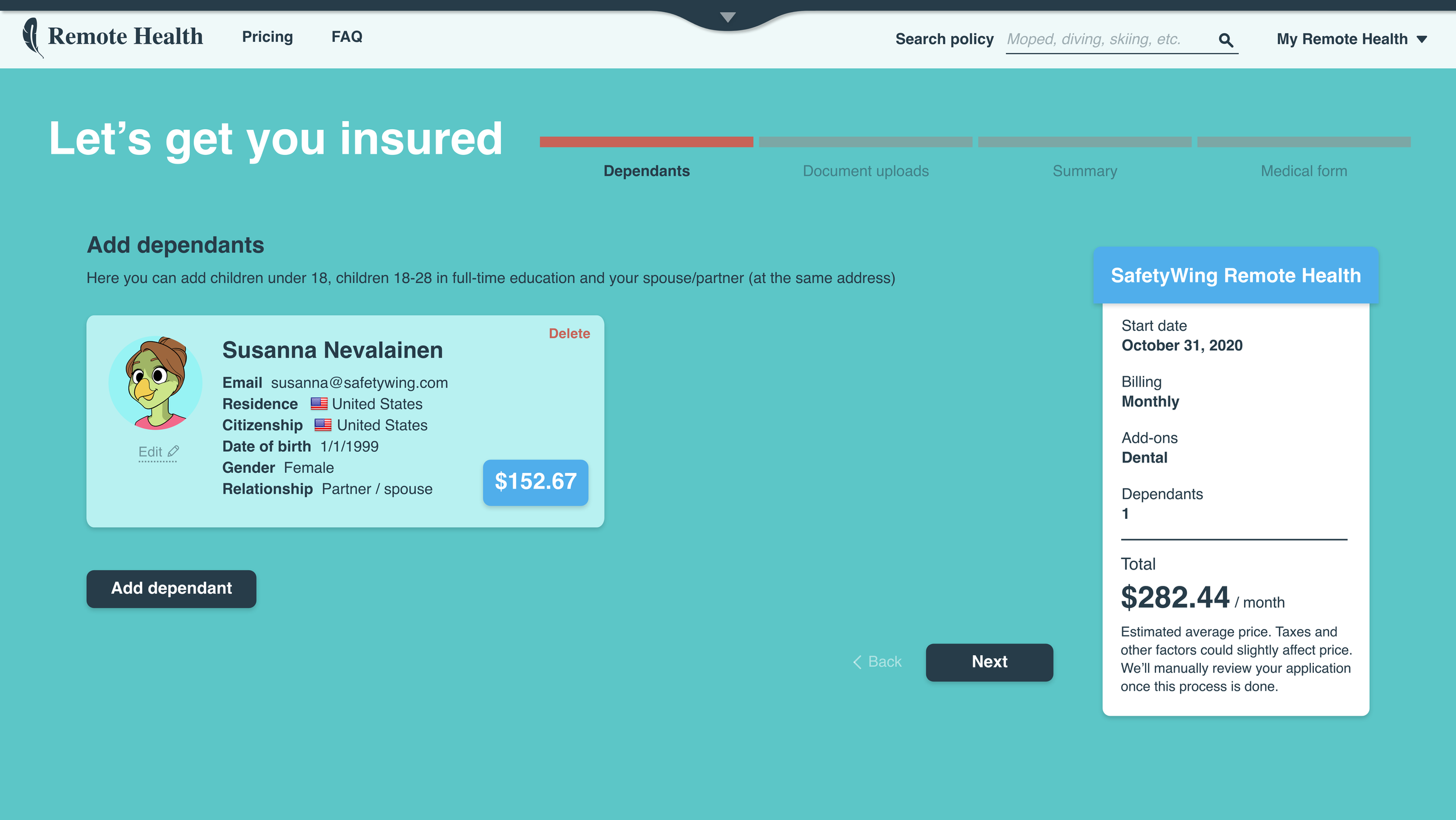 Online health insurance application page titled 'Let's get you insured,' showing details of a dependent named Susanna Nevalainen, including her name, email, residence in the United States, citizenship in the United States, date of birth, gender, and 