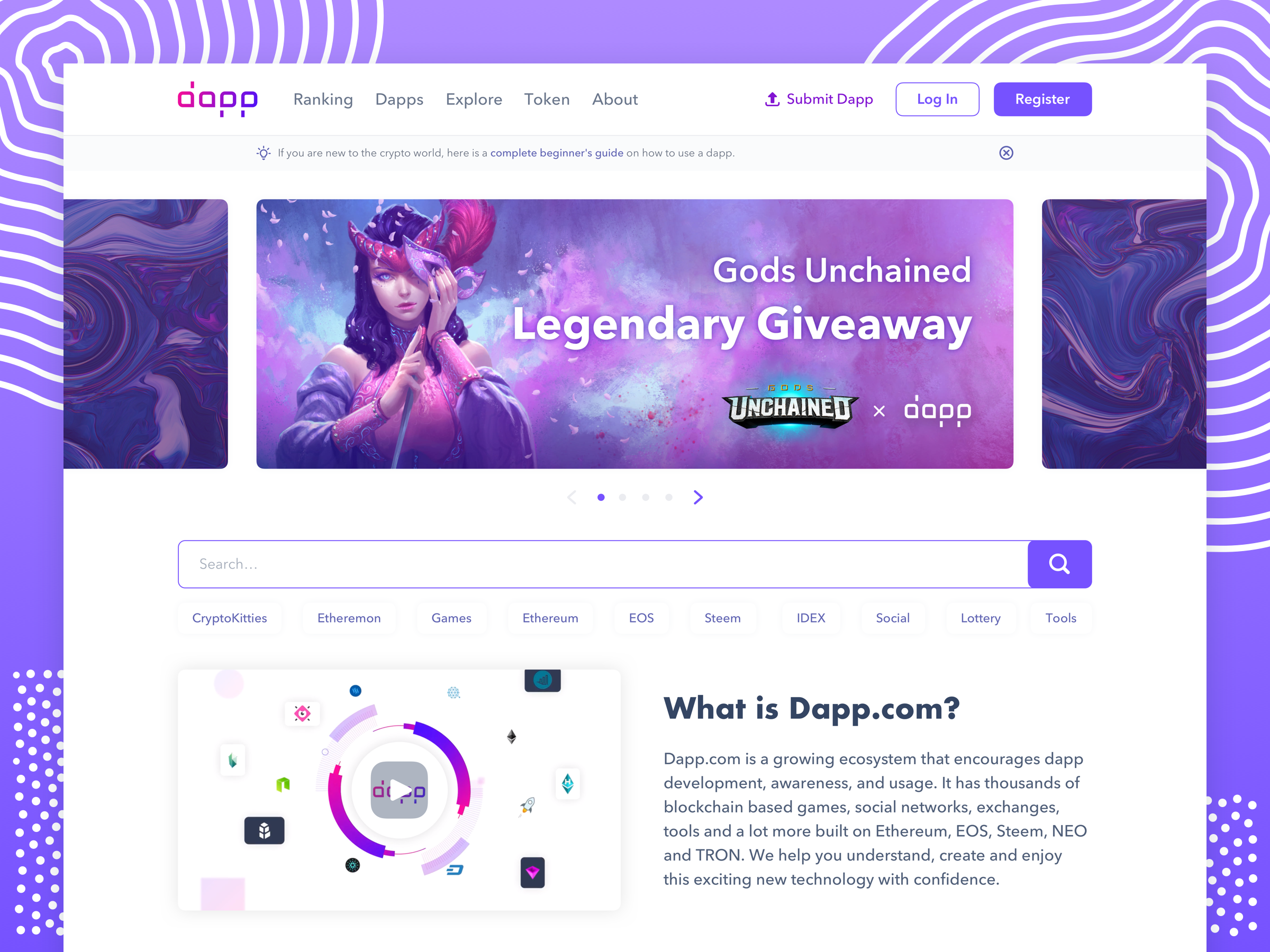Homepage of Dapp.com with a banner promoting the Gods Unchained Legendary Giveaway, featuring a fantasy character with purple and pink hair, and a navigation menu with sections such as Ranking, Dapps, Explore, Token, and About.