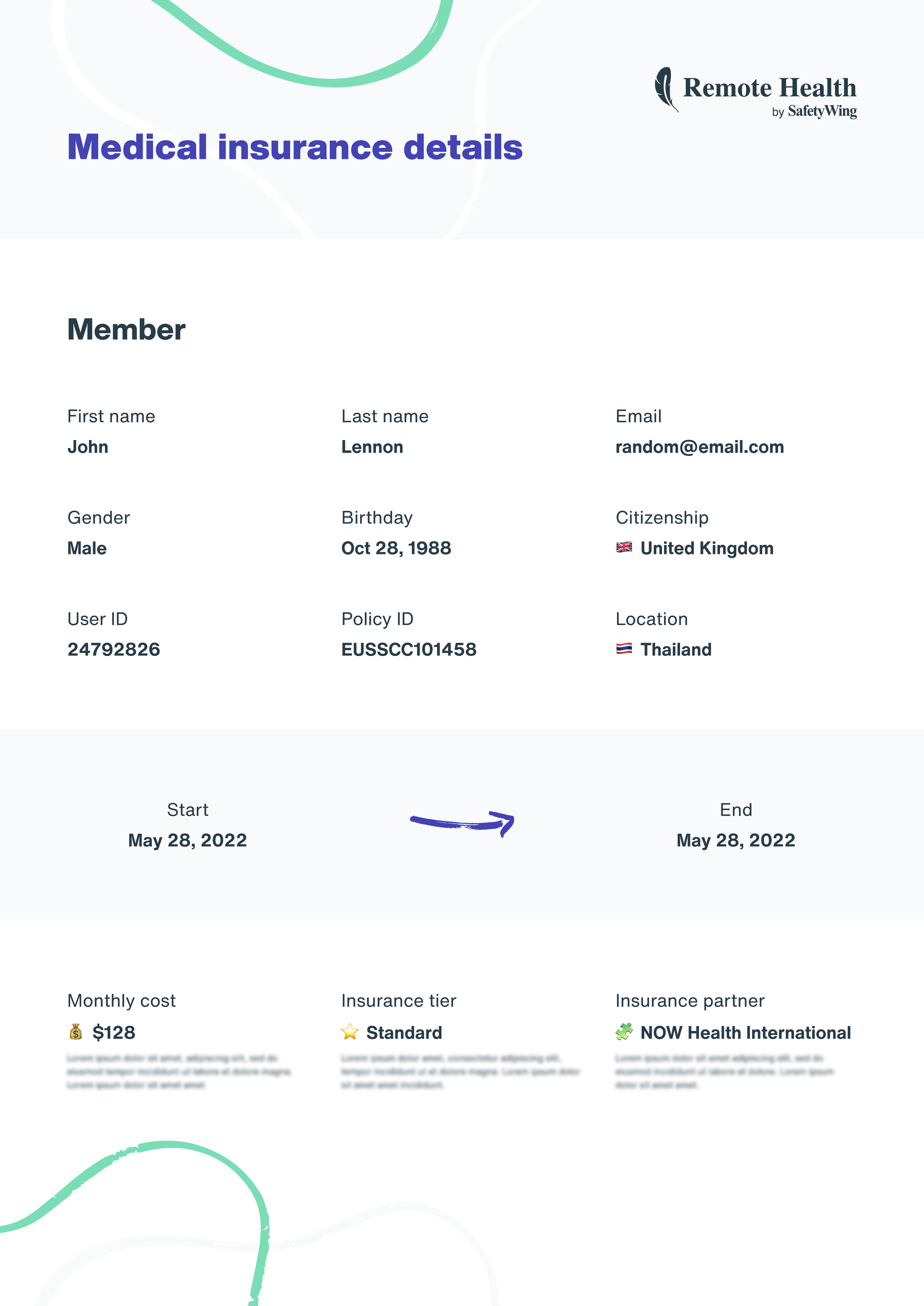 Medical insurance card with member details, including name, gender, birthdate, citizenship, user ID, policy ID, location, start and end dates, cost, tier, and partner, decorated with abstract green lines.