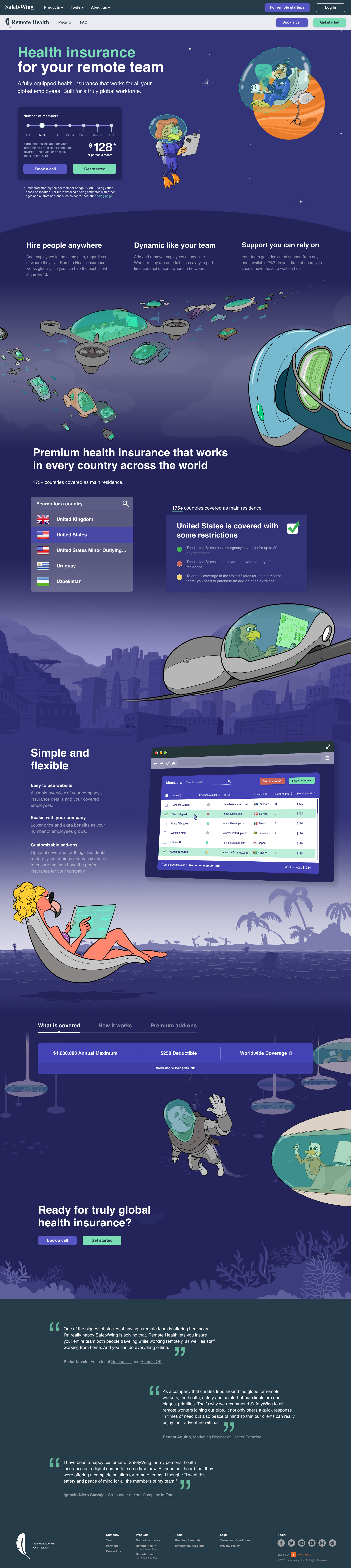 A colorful digital illustration for health insurance featuring astronauts and space-themed elements. It includes scenes of astronauts floating in space, using devices, and engaging in activities near planets and spacecraft, with a user interface disp