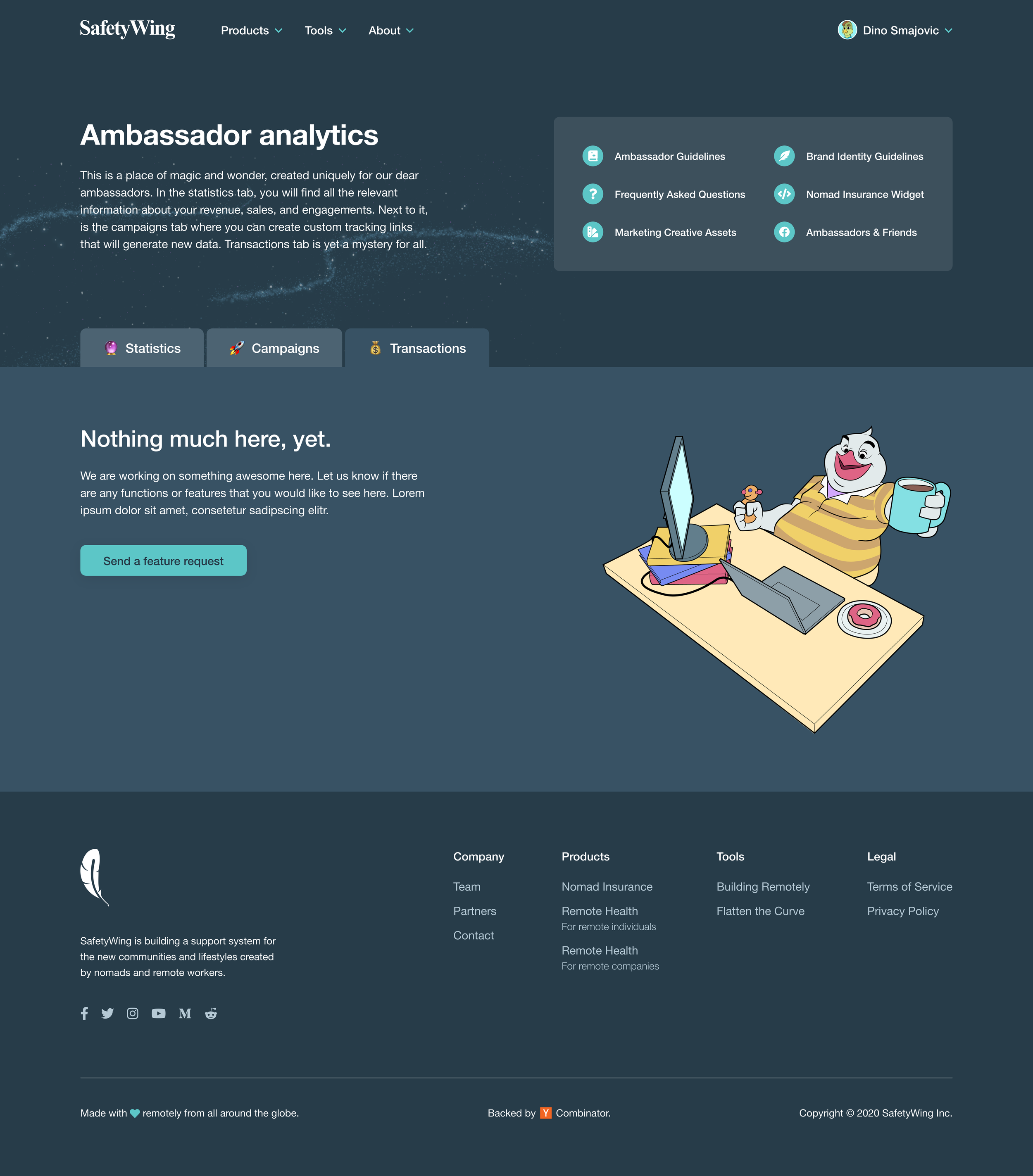 Screenshot of SafetyWing's Ambassador analytics webpage featuring a cartoon character sitting at a desk with a computer, coffee mug, donut, and small teddy bear, with navigation menu and company information.