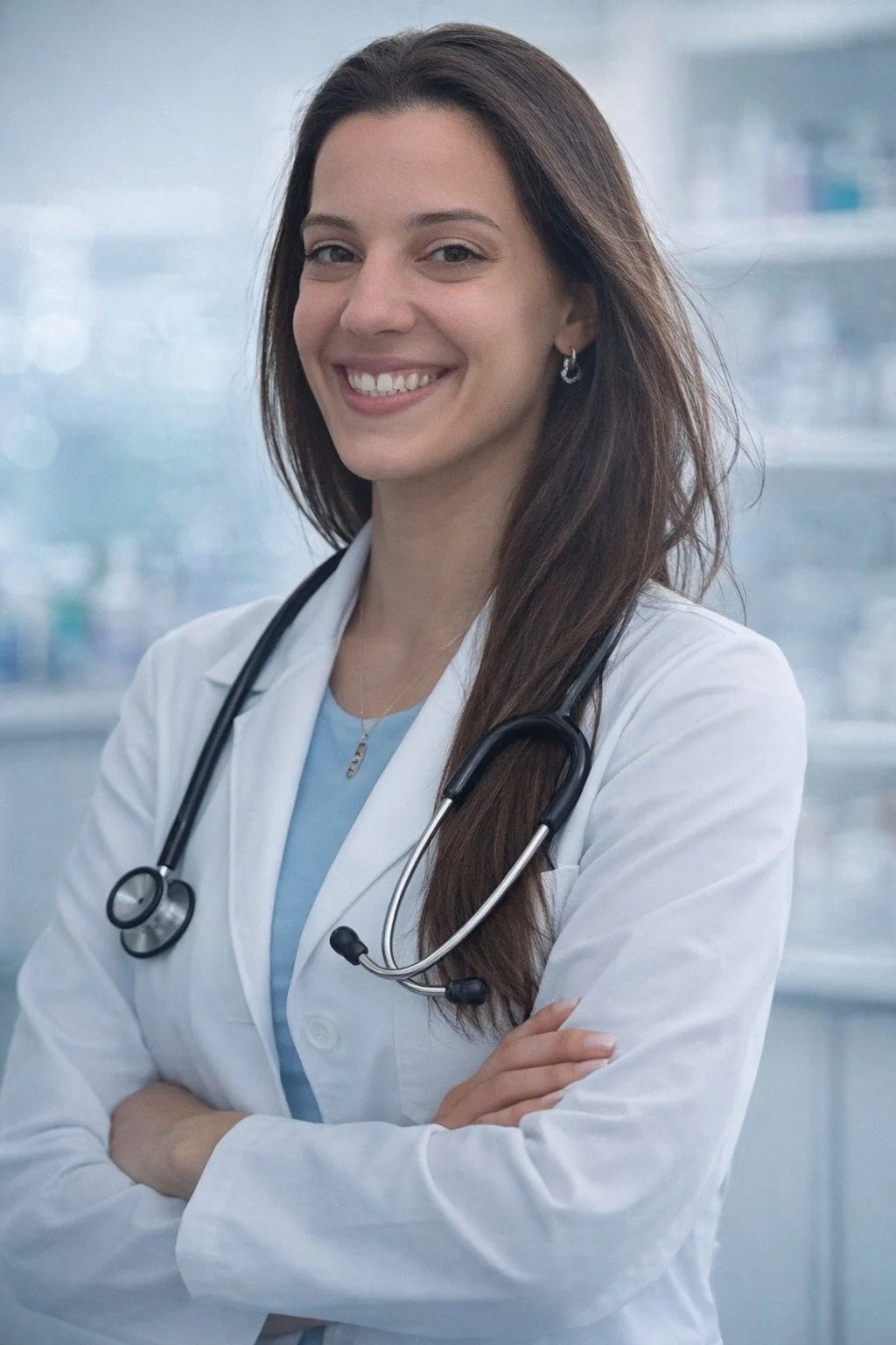 A smiling female doctor in a white coat with a stethoscope around her neck, standing in a medical facility.