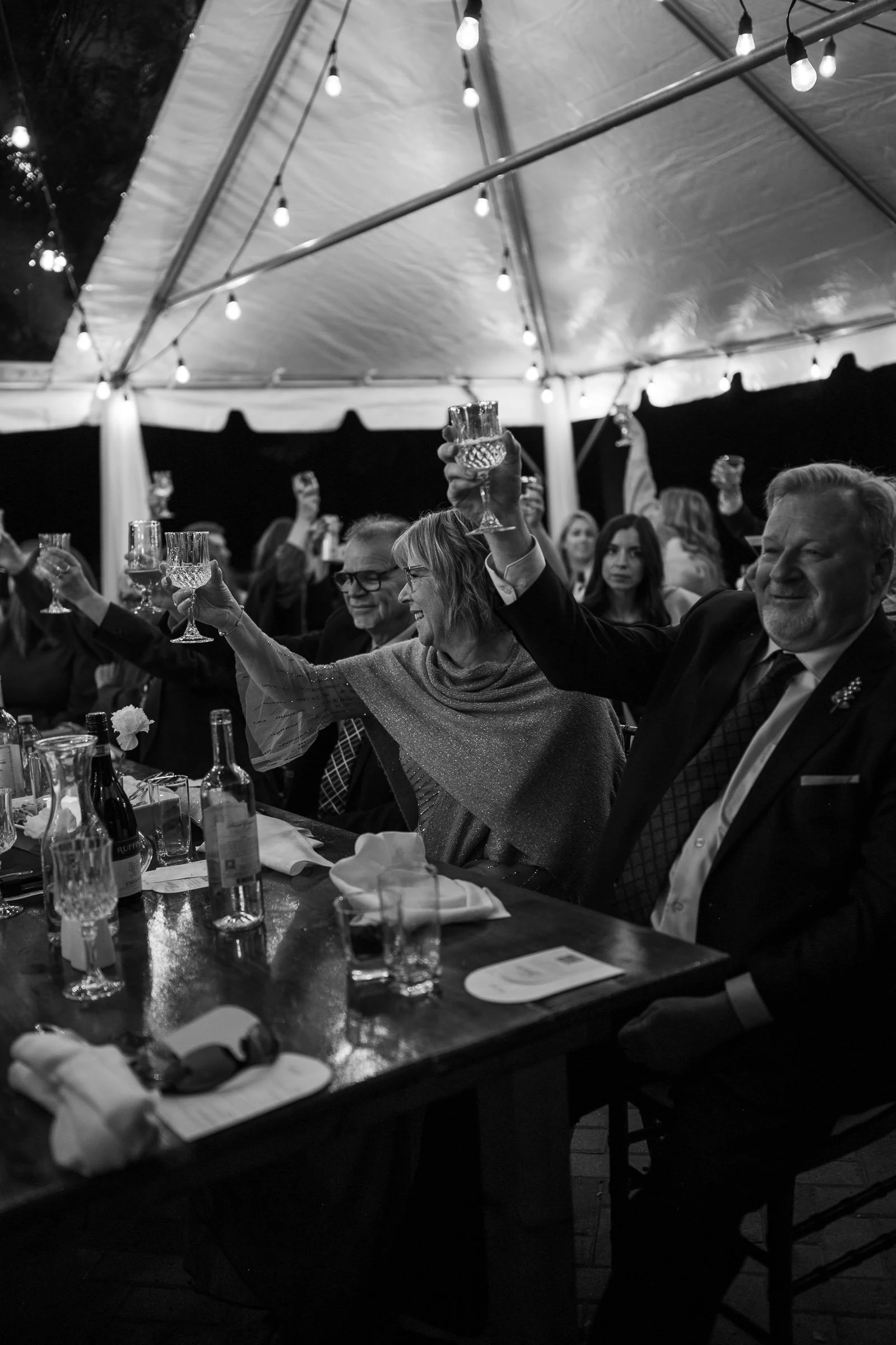People sitting at a long table under a tent, raising glasses for a toast at a festive gathering.