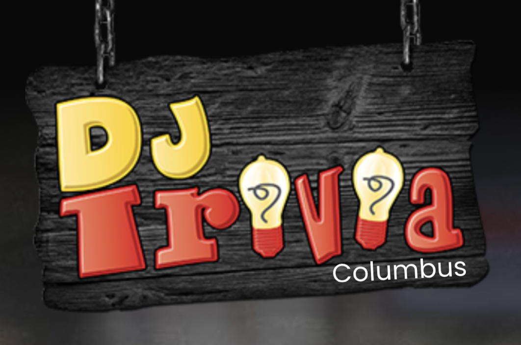 Colorful sign that reads "DJ Trivia Columbus" with light bulb illustrations replacing the letter "i" in "Trivia", hanging on a dark background.