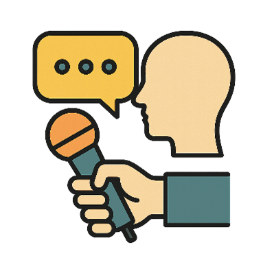 A cartoon illustration of a person with a bald head holding a microphone, with a speech bubble containing three dots to indicate talking.