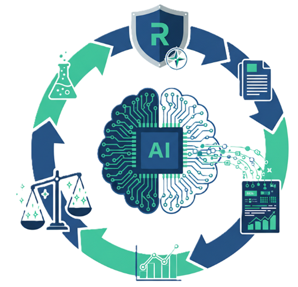 Infographic depicting the cycle of artificial intelligence (AI) in cybersecurity, with icons representing data, analysis, reporting, legal considerations, and security measures surrounding a central AI brain.