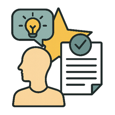 Illustration of a person with a light bulb icon representing ideas or insights, a speech bubble, and a checklist, indicating thinking, planning, or decision-making.