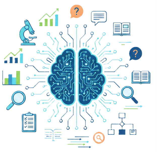 Illustration of a brain with digital circuit lines, surrounded by icons representing research, analysis, learning, and data, including graphs, magnifying glasses, books, and flowcharts.