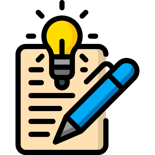 A sheet of paper with lines, a lit yellow light bulb, and a blue pen.