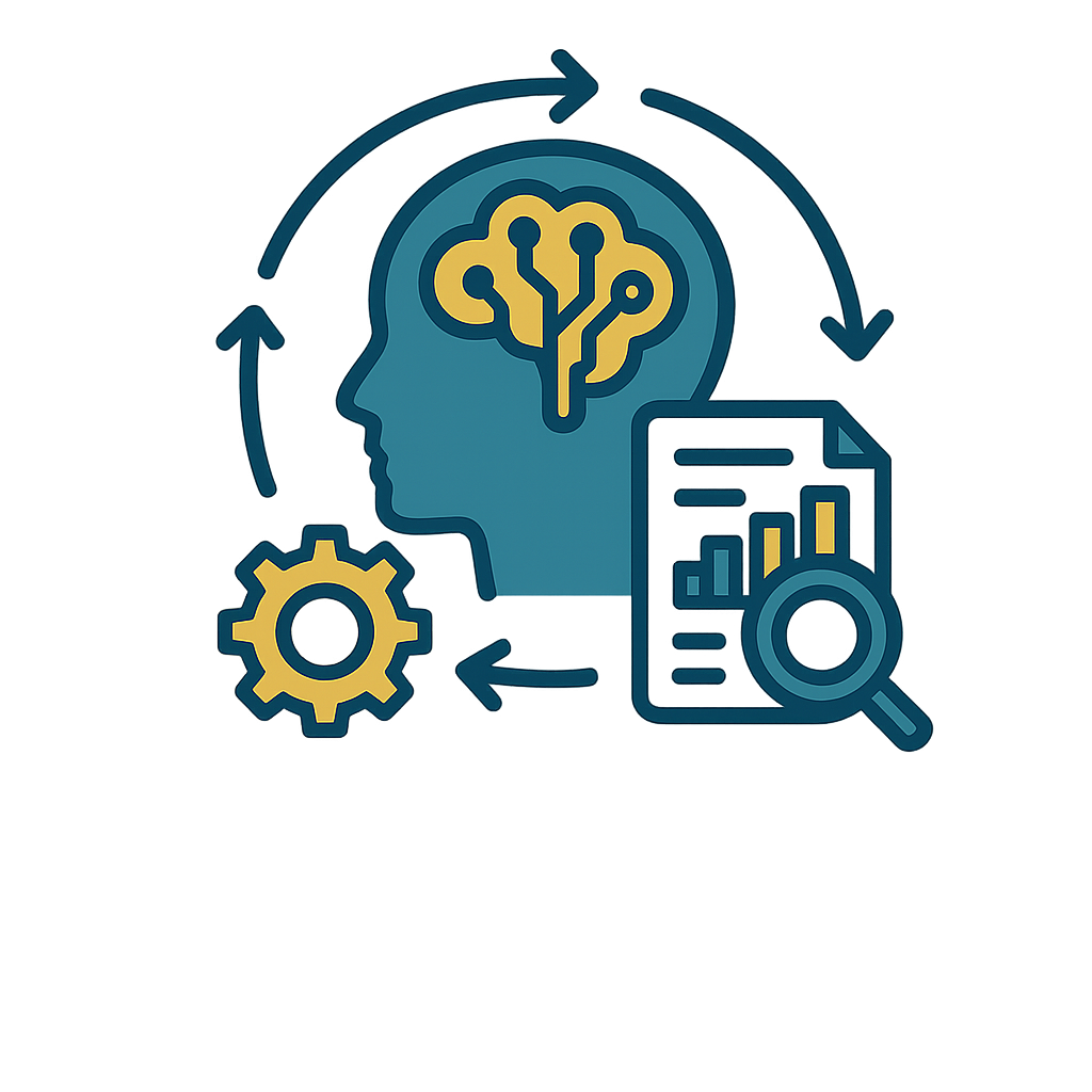 Digital illustration of a human head with a brain overlaid, a gear icon, a document with charts, and circular arrows indicating a cycle, representing concepts of data analysis, machine learning, and AI.