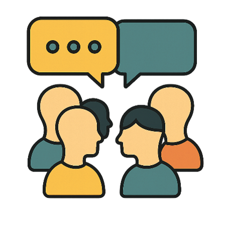 Illustration of four people in conversation with speech bubbles above their heads.