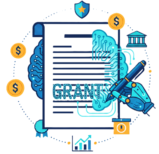 A digital illustration of a legal document labeled 'GRANT' being signed by a robotic hand, with icons representing money, a shield, a bank, a clock, and graphs surrounding it, symbolizing financial and legal concepts.