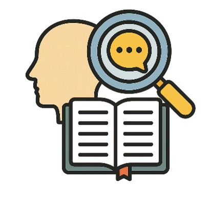 Illustration of a human head, an open book, and a magnifying glass with a speech bubble inside, representing research or learning.