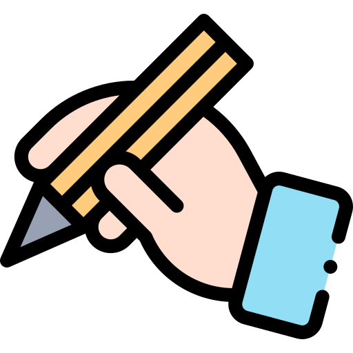 A hand holding a large pencil, with a light blue shirt cuff visible.