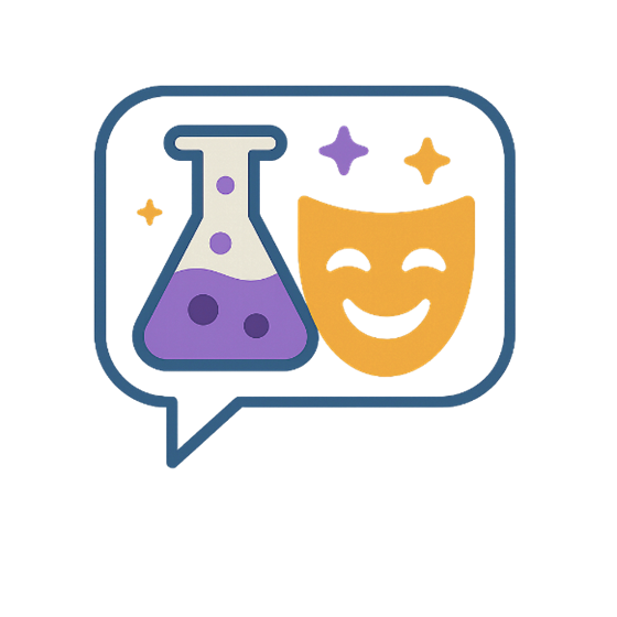 A speech bubble with a lab beaker filled with purple liquid, a comedy mask, and small stars inside.